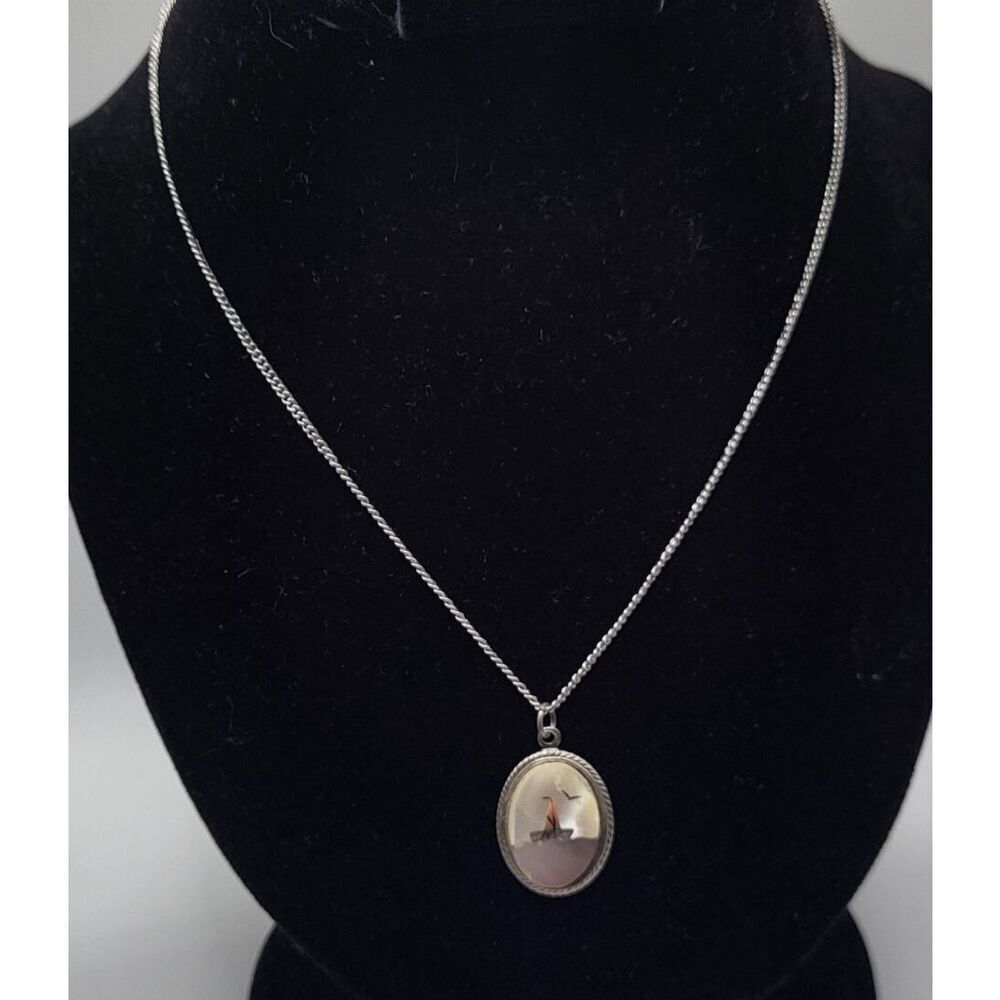 Antique mother of pearl boat inlay & silver pendant Artistry Signed 16in - Picture 5 of 6